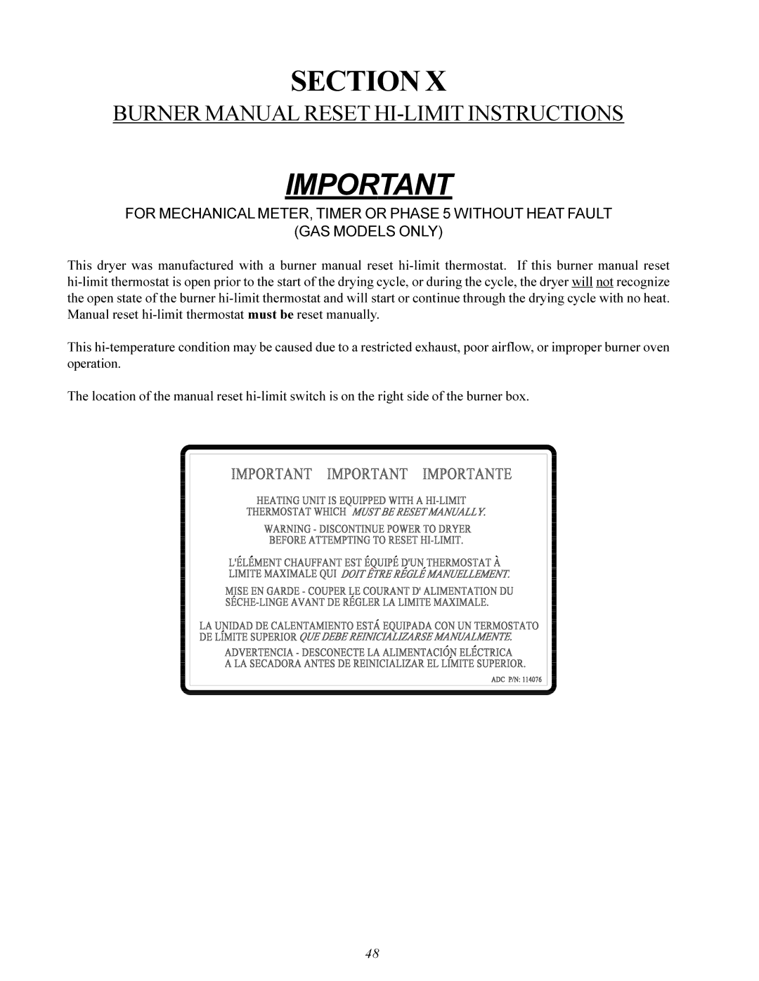 American Dryer Corp MDG-30 installation manual Burner Manual Reset HI-LIMIT Instructions 