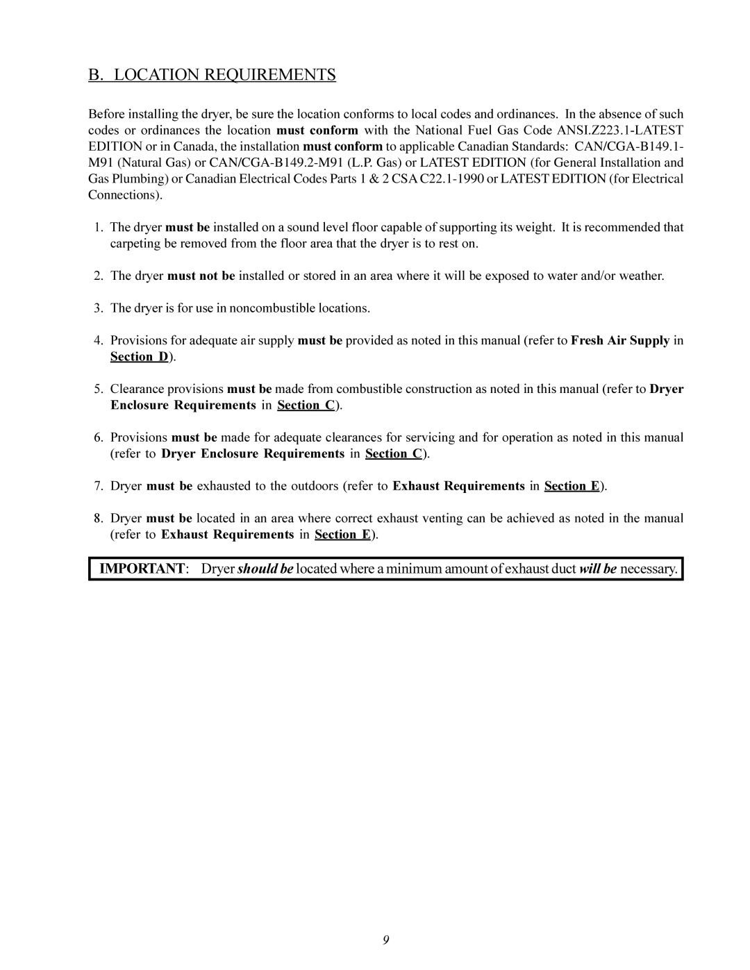 American Dryer Corp MDG-50 installation manual Location Requirements 