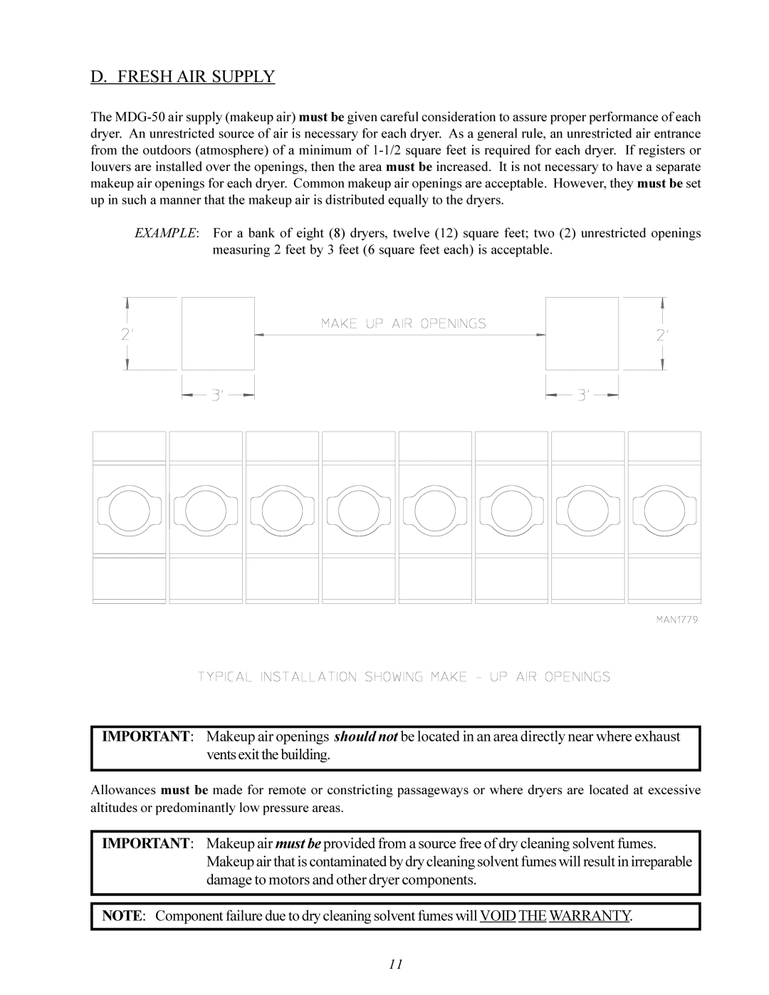 American Dryer Corp MDG-50 installation manual Fresh AIR Supply 