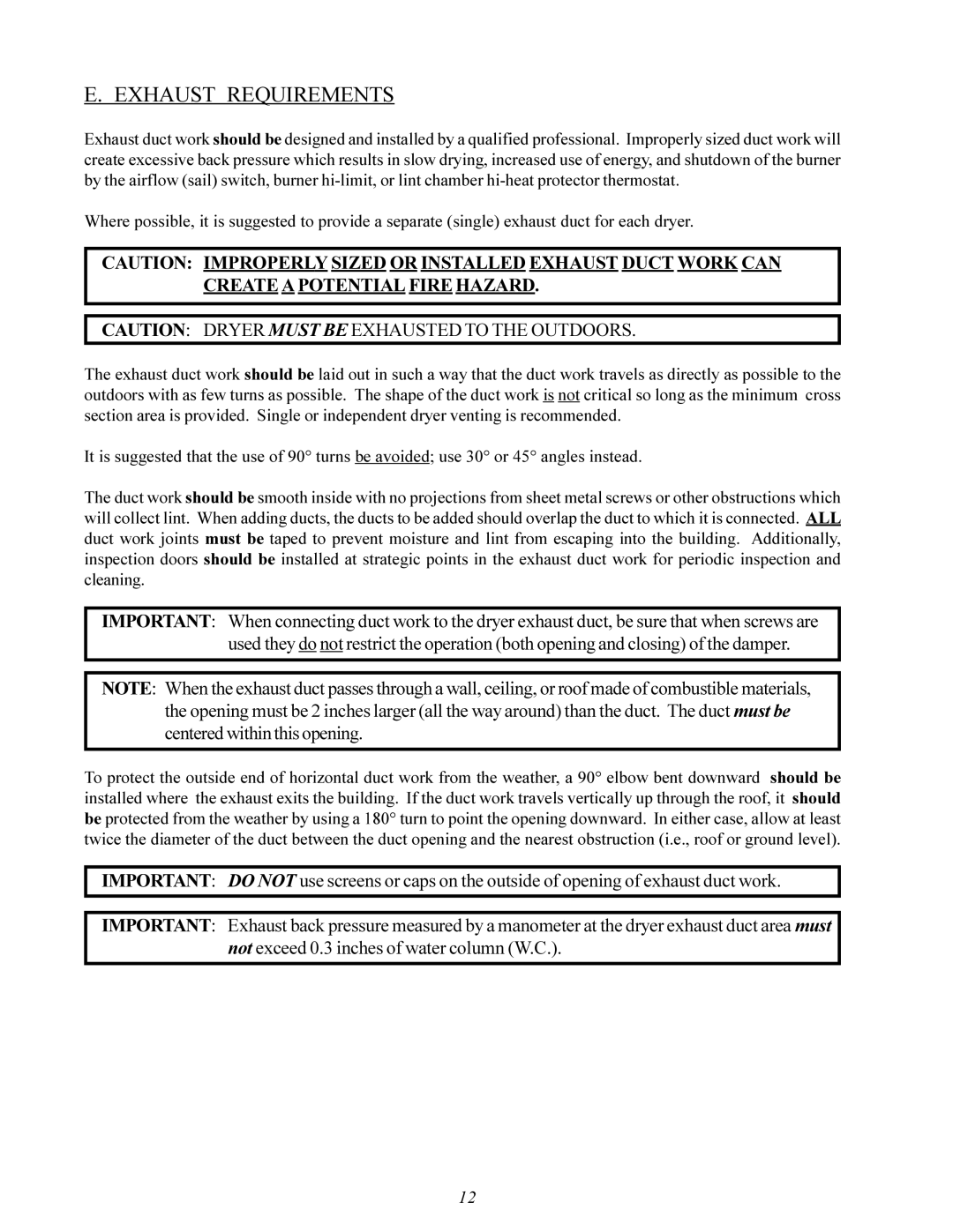 American Dryer Corp MDG-50 installation manual Exhaust Requirements 