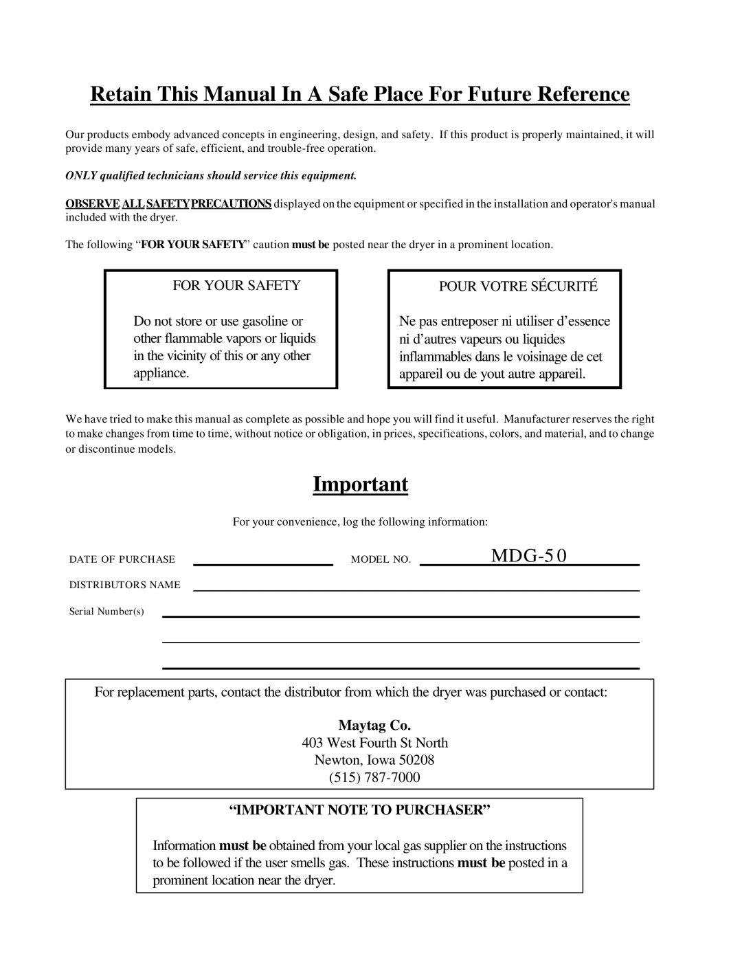 American Dryer Corp MDG-50 installation manual Retain This Manual In a Safe Place For Future Reference 