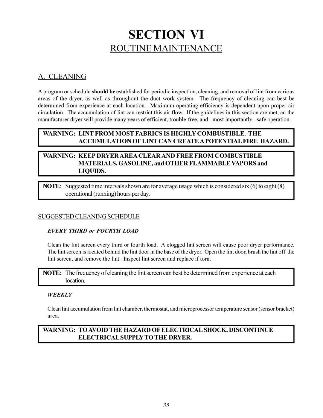 American Dryer Corp MDG-50 installation manual Routine Maintenance, Cleaning 