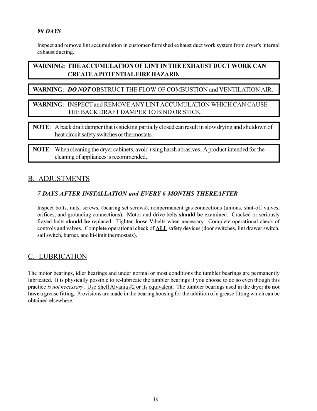 American Dryer Corp MDG-50 installation manual Adjustments, Lubrication 