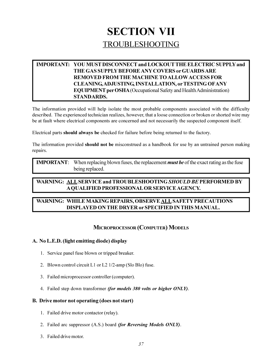 American Dryer Corp MDG-50 installation manual Troubleshooting, No L.E.D. light emitting diode display 