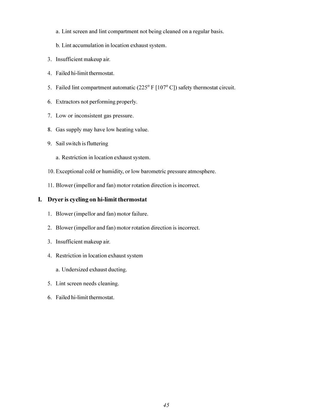 American Dryer Corp MDG-50 installation manual Dryer is cycling on hi-limit thermostat 