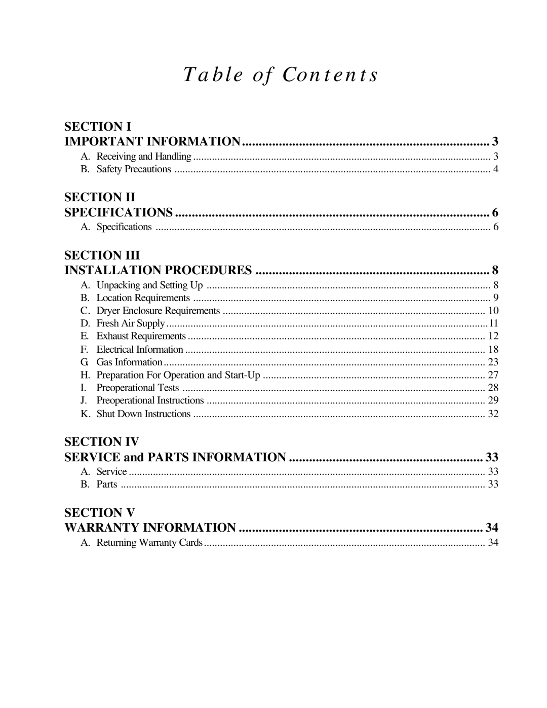 American Dryer Corp MDG-50 installation manual Table of Contents 