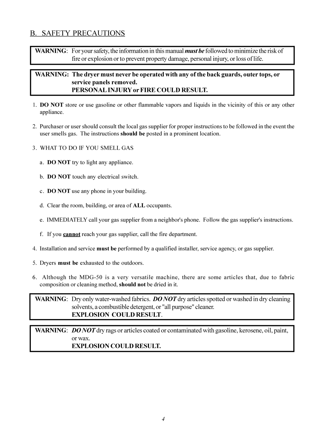 American Dryer Corp MDG-50 installation manual Safety Precautions, Personal Injury or Fire could Result 