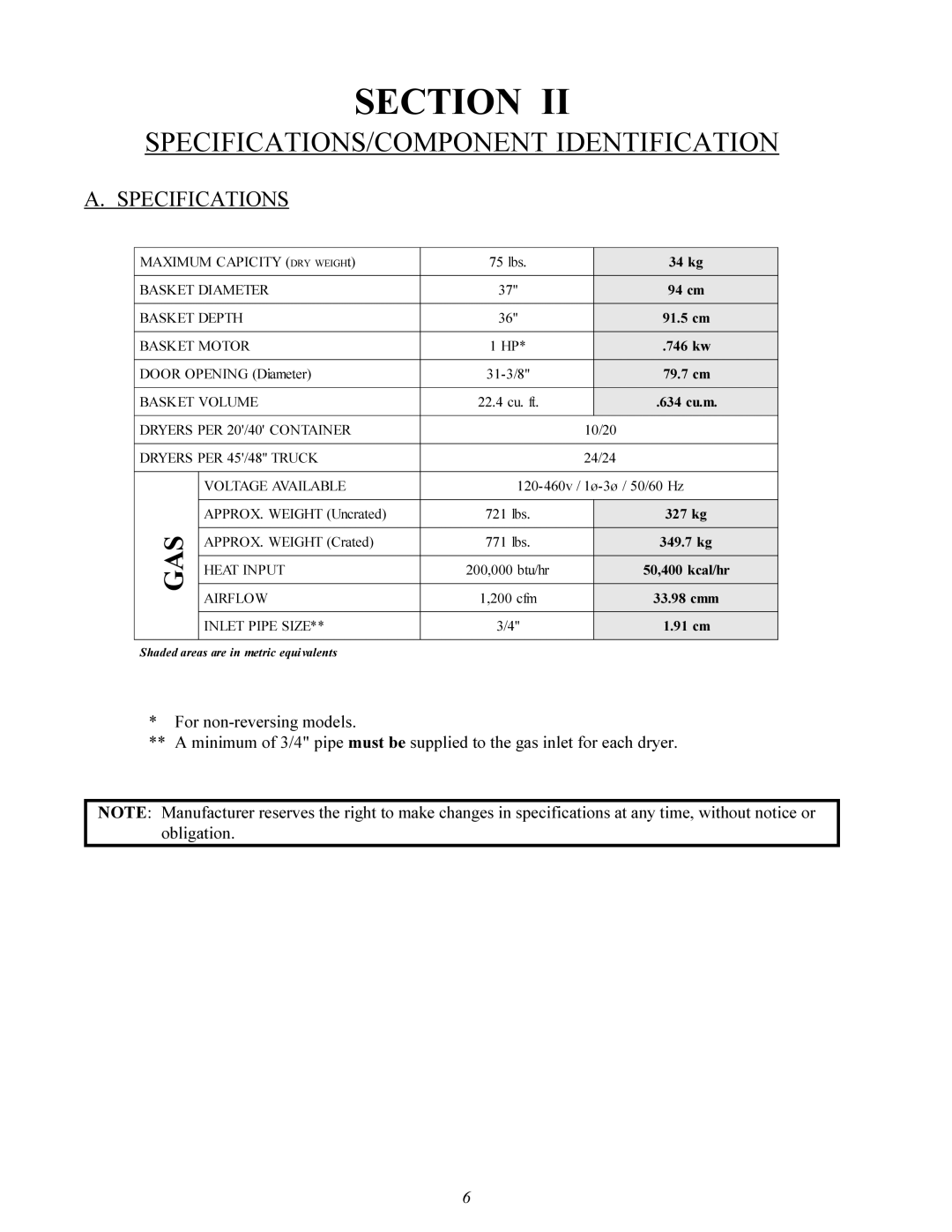 American Dryer Corp MDG-75 manual SPECIFICATIONS/COMPONENT Identification, Specifications 