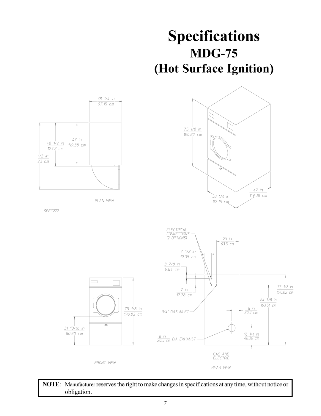 American Dryer Corp MDG-75 manual Specifications 