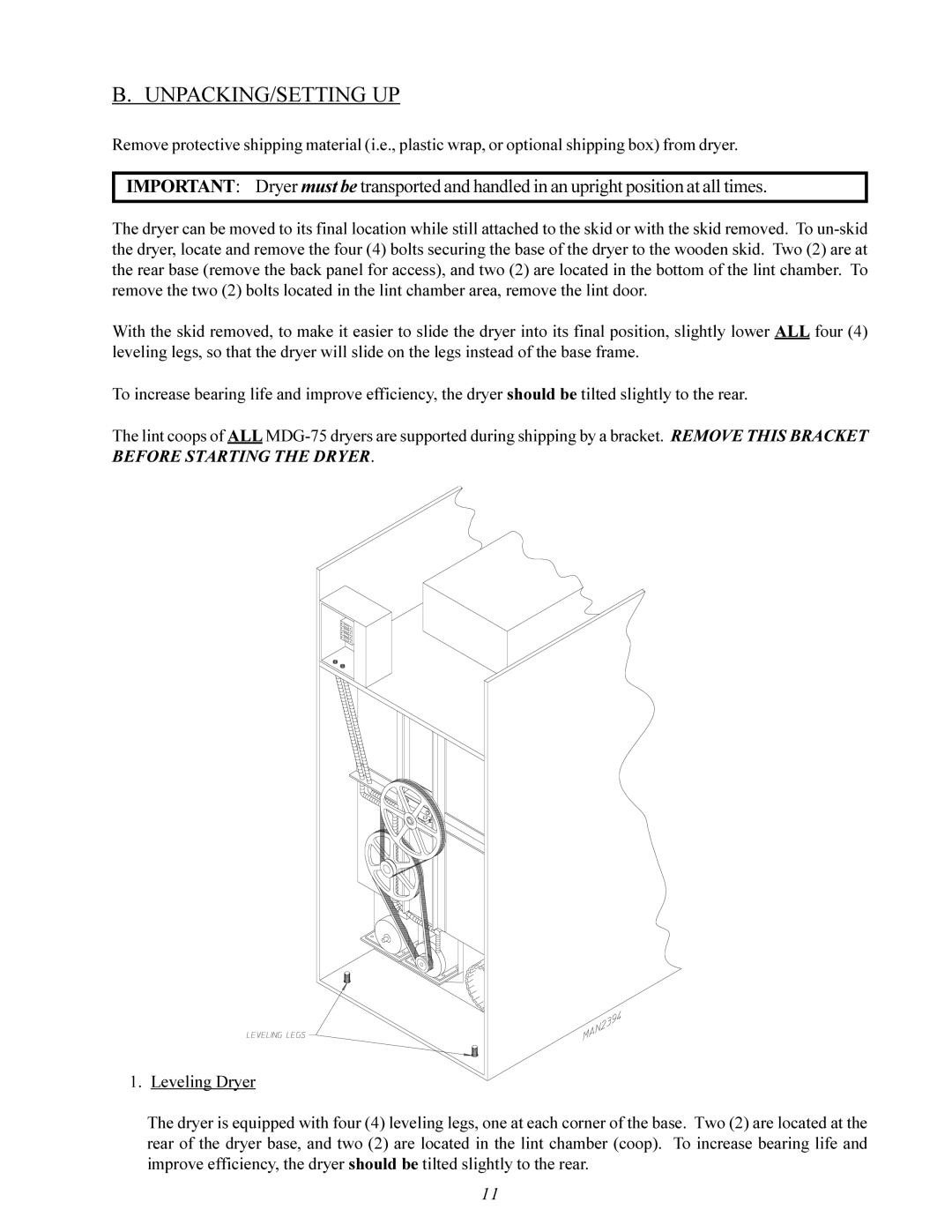 American Dryer Corp MDG-75 manual Unpacking/Setting Up 