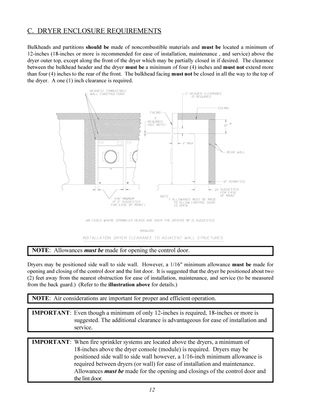 American Dryer Corp MDG-75 manual Dryer Enclosure Requirements 