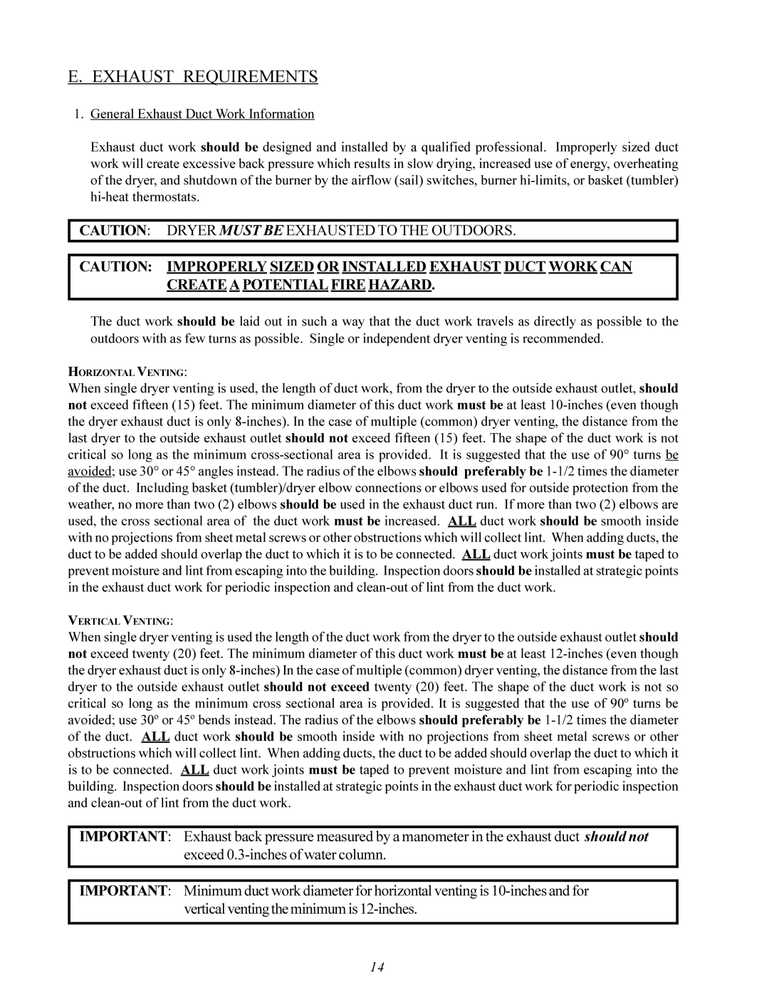 American Dryer Corp MDG-75 manual Exhaust Requirements 