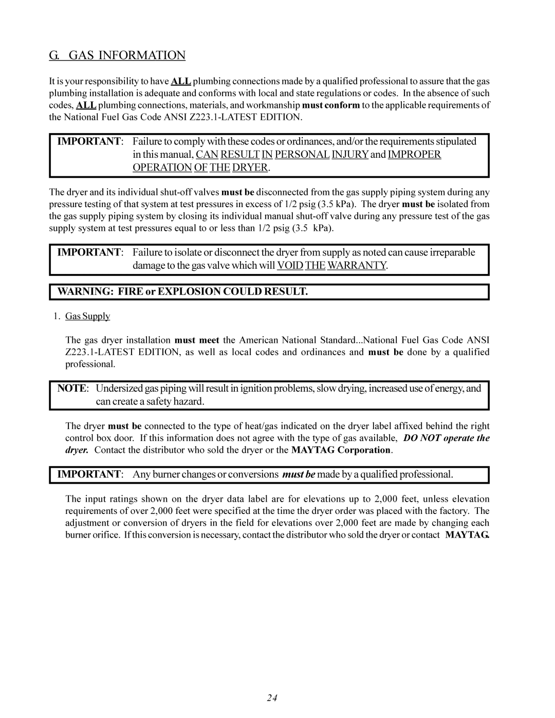 American Dryer Corp MDG-75 manual GAS Information 