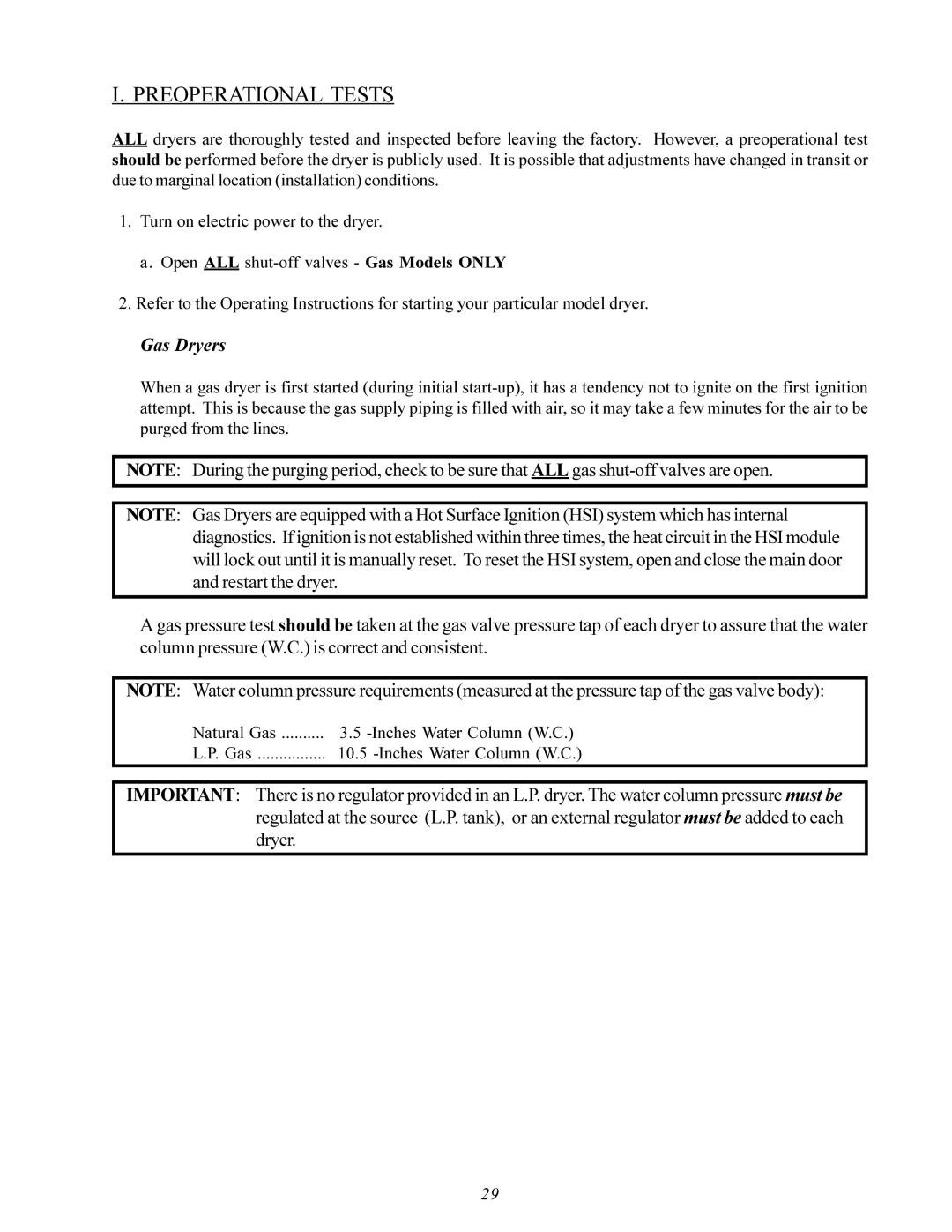 American Dryer Corp MDG-75 manual Preoperational Tests, Gas Dryers 