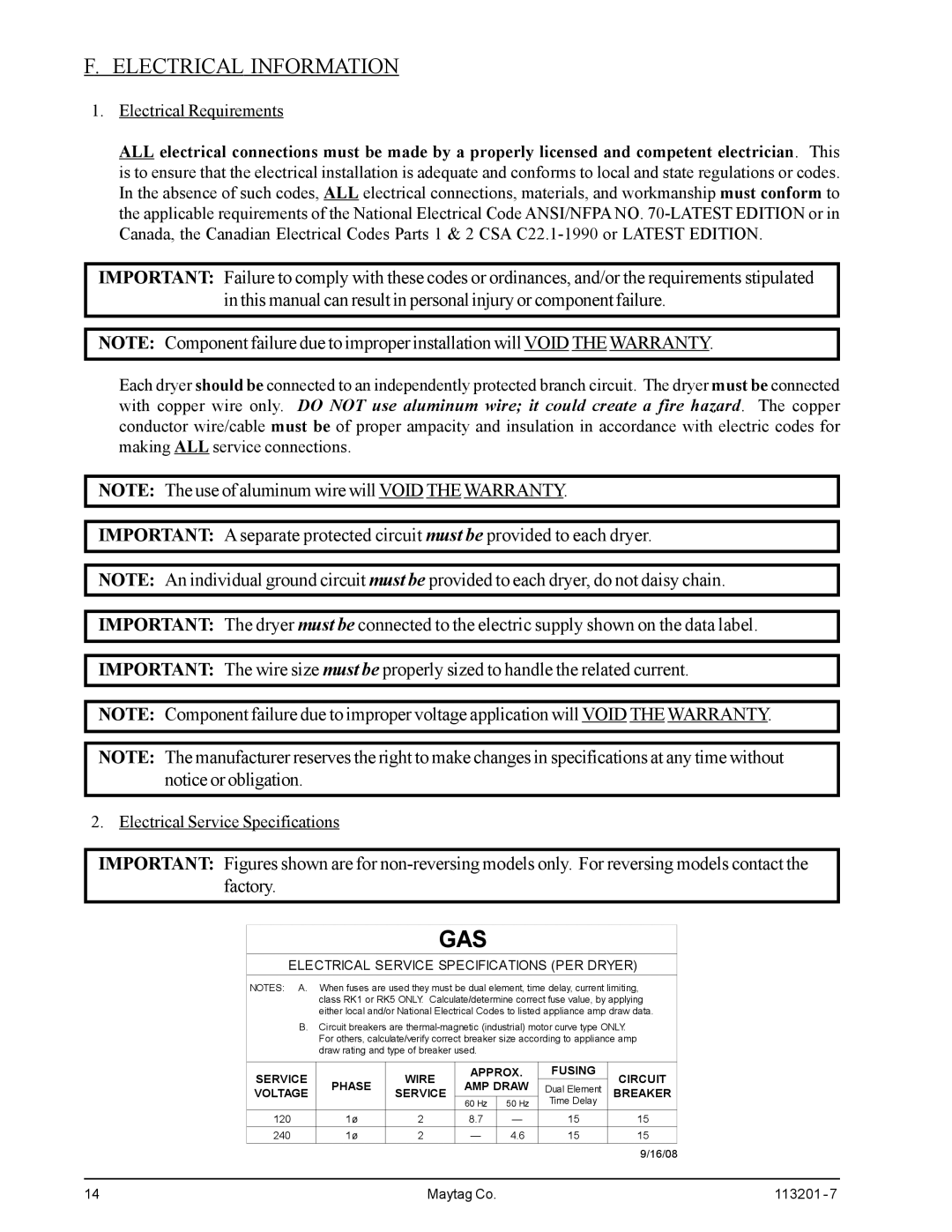 American Dryer Corp MDG30PCC installation manual Electrical Information, Electrical Requirements 