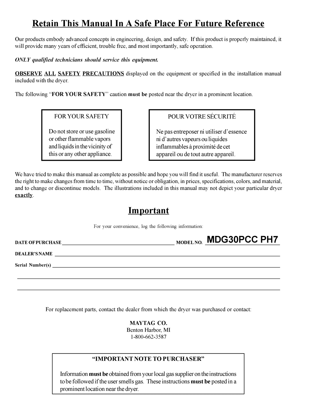 American Dryer Corp installation manual MDG30PCC PH7 