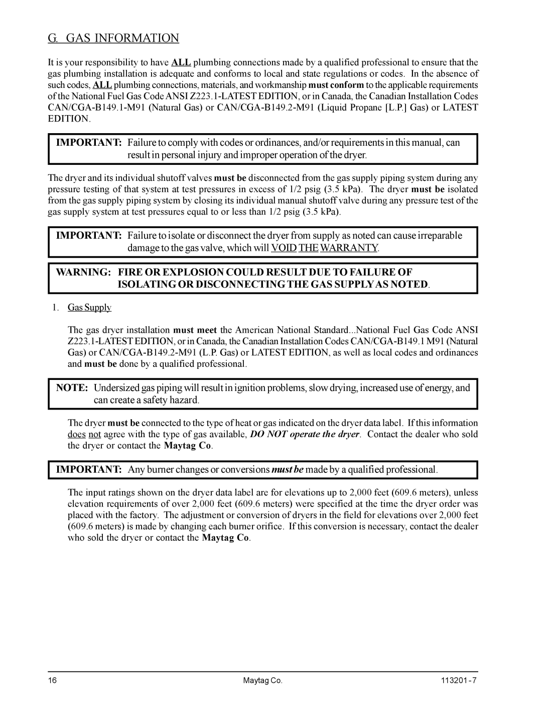 American Dryer Corp MDG30PCC installation manual GAS Information 