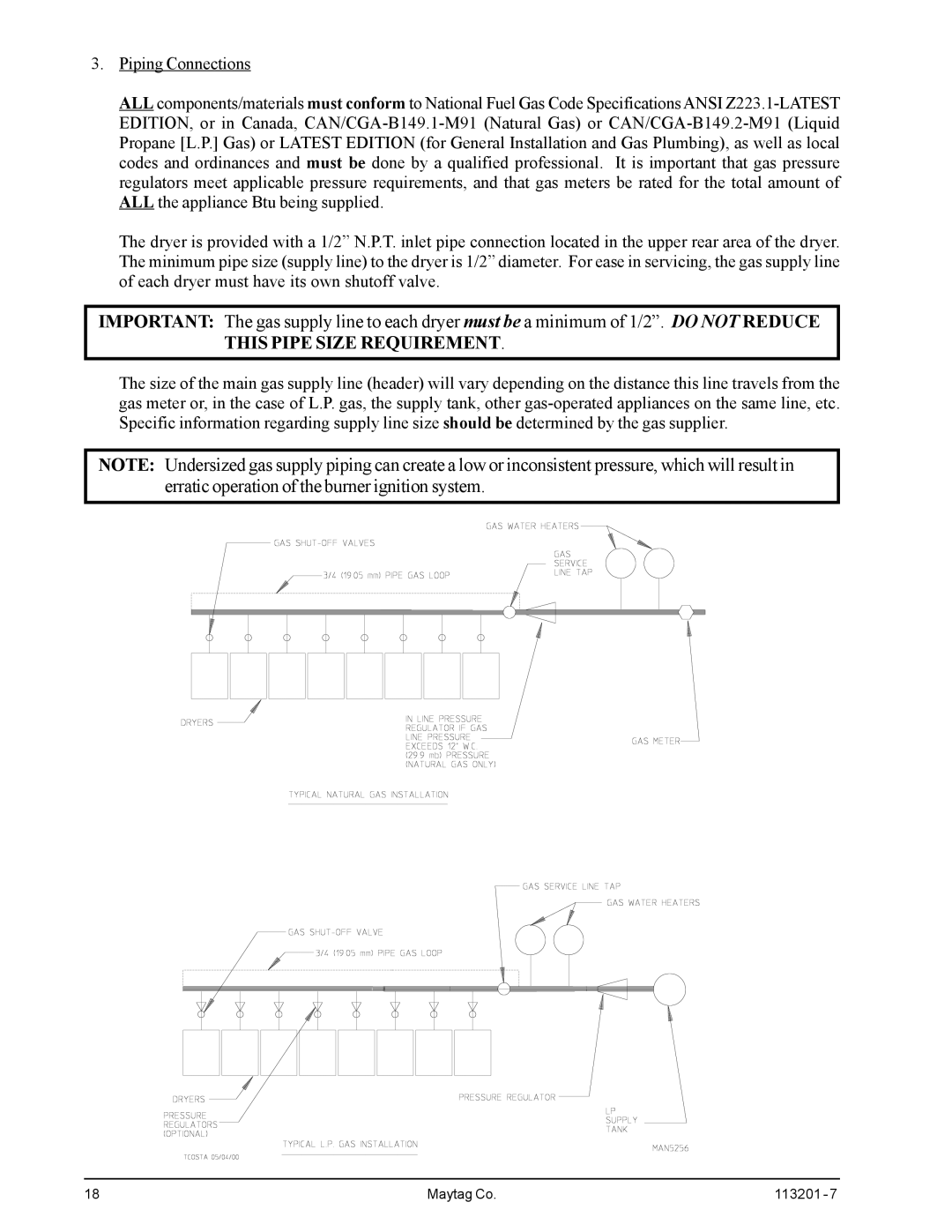 American Dryer Corp MDG30PCC installation manual This Pipe Size Requirement 