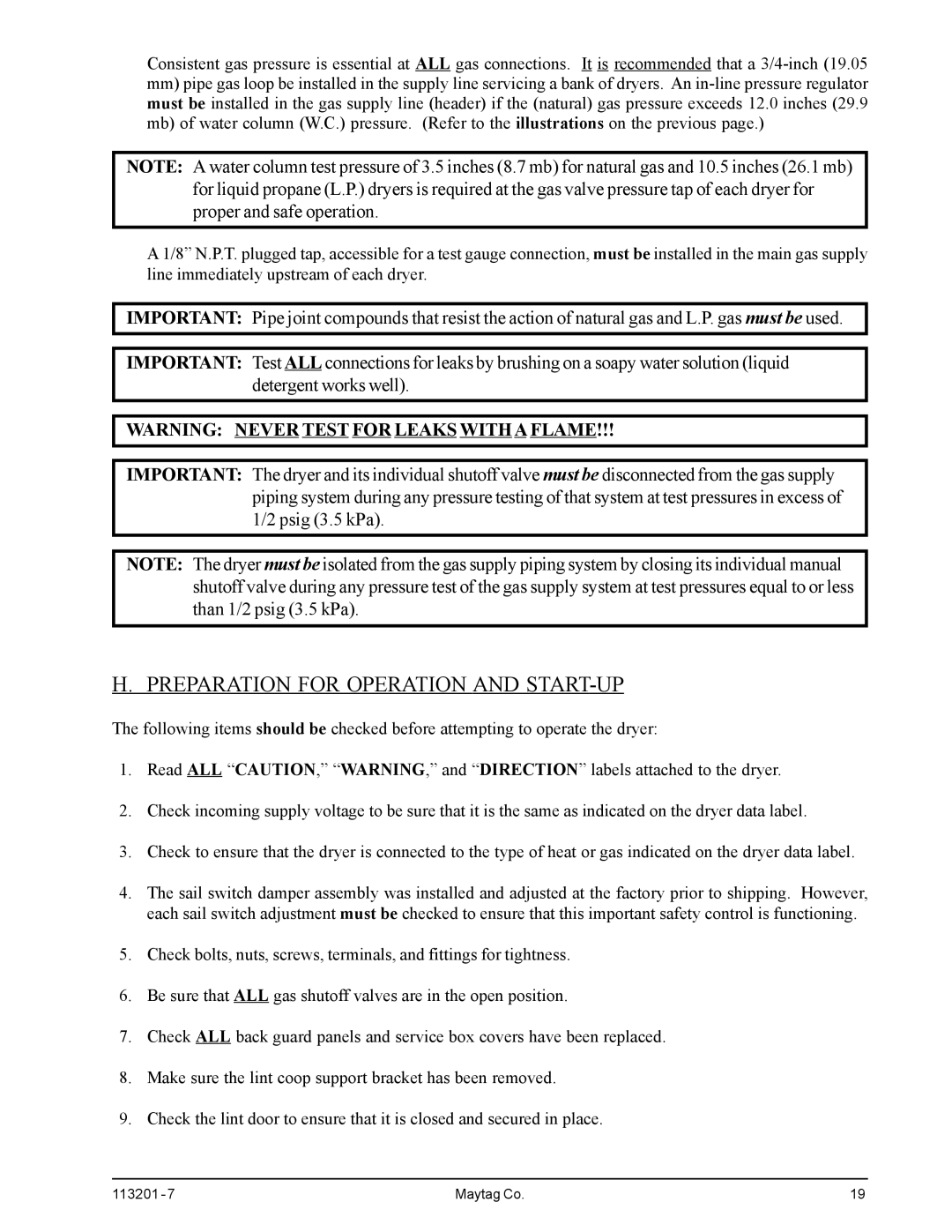 American Dryer Corp MDG30PCC installation manual Preparation for Operation and START-UP 