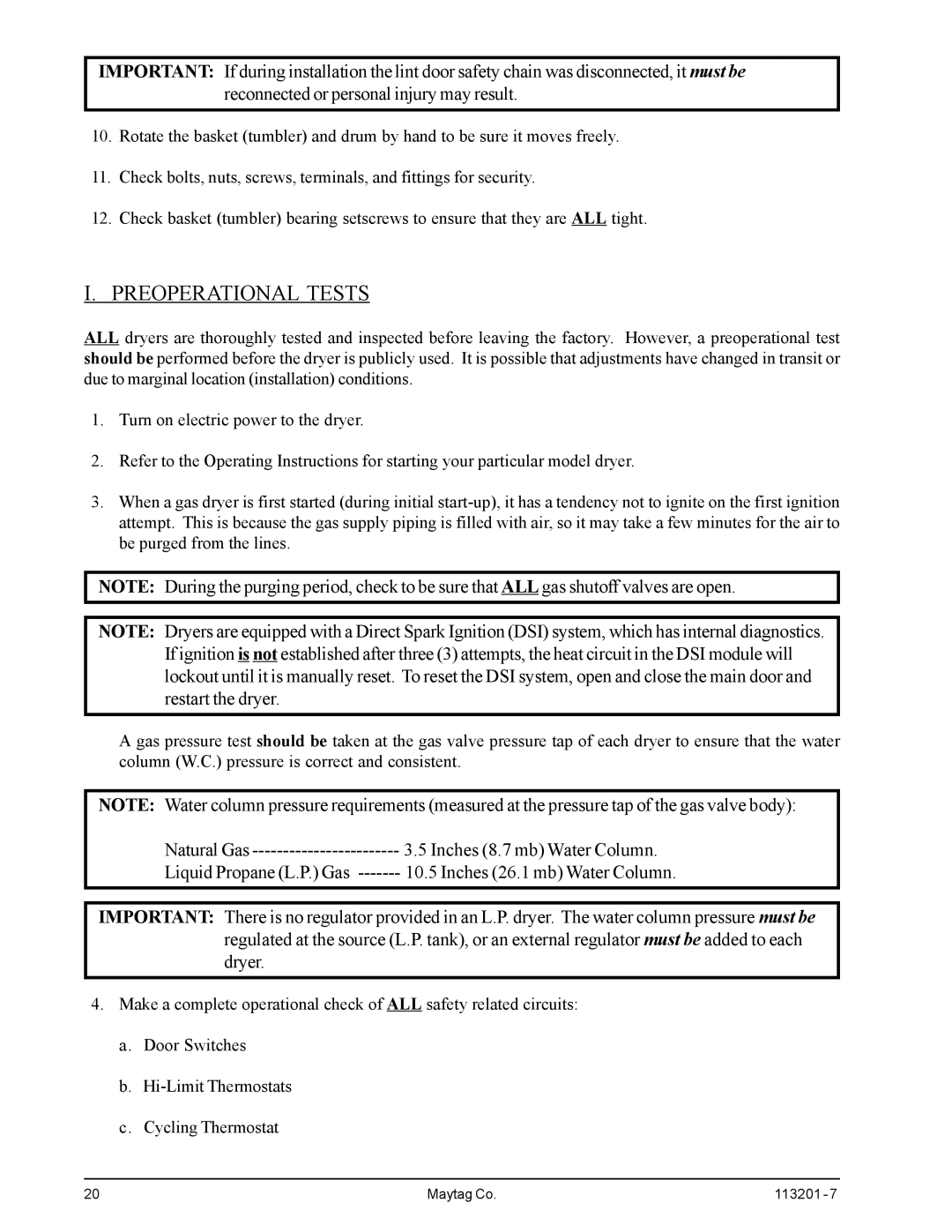 American Dryer Corp MDG30PCC installation manual Preoperational Tests 