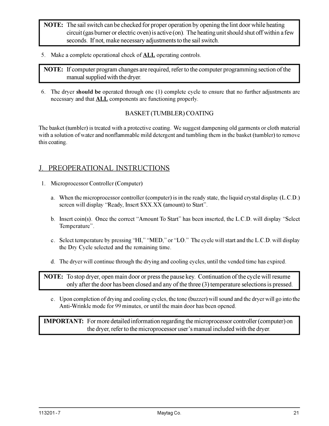 American Dryer Corp MDG30PCC installation manual Preoperational Instructions, Basket Tumbler Coating 