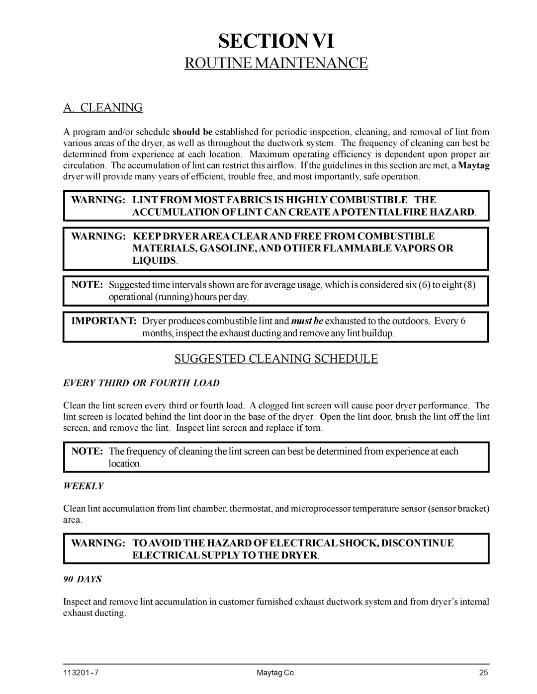 American Dryer Corp MDG30PCC installation manual Routine Maintenance, Suggested Cleaning Schedule 