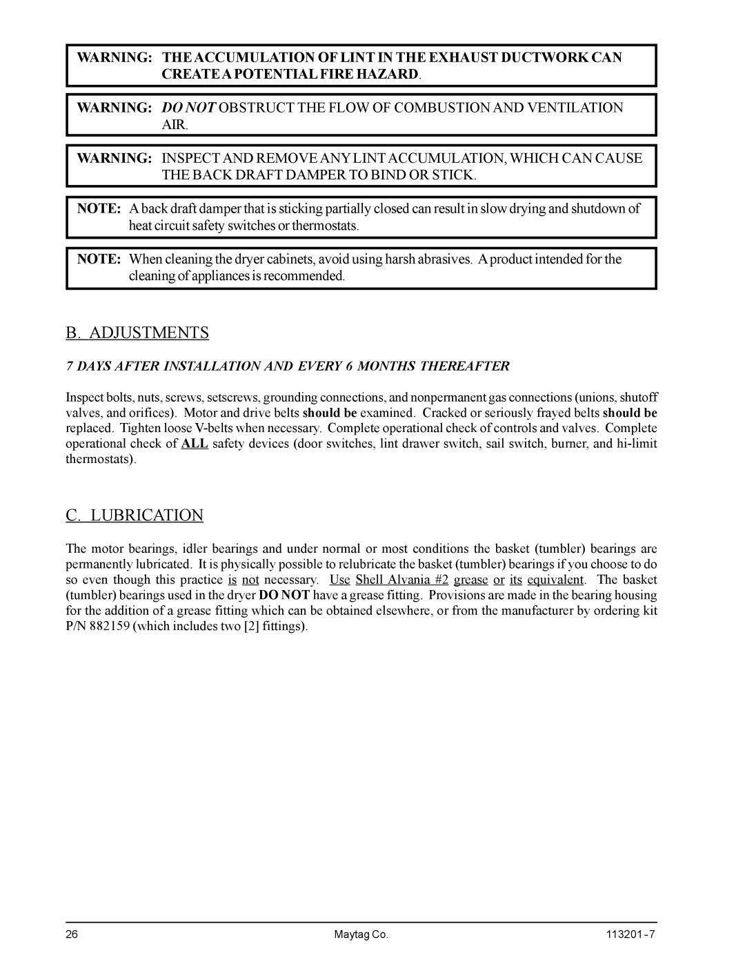 American Dryer Corp MDG30PCC installation manual Adjustments, Lubrication 