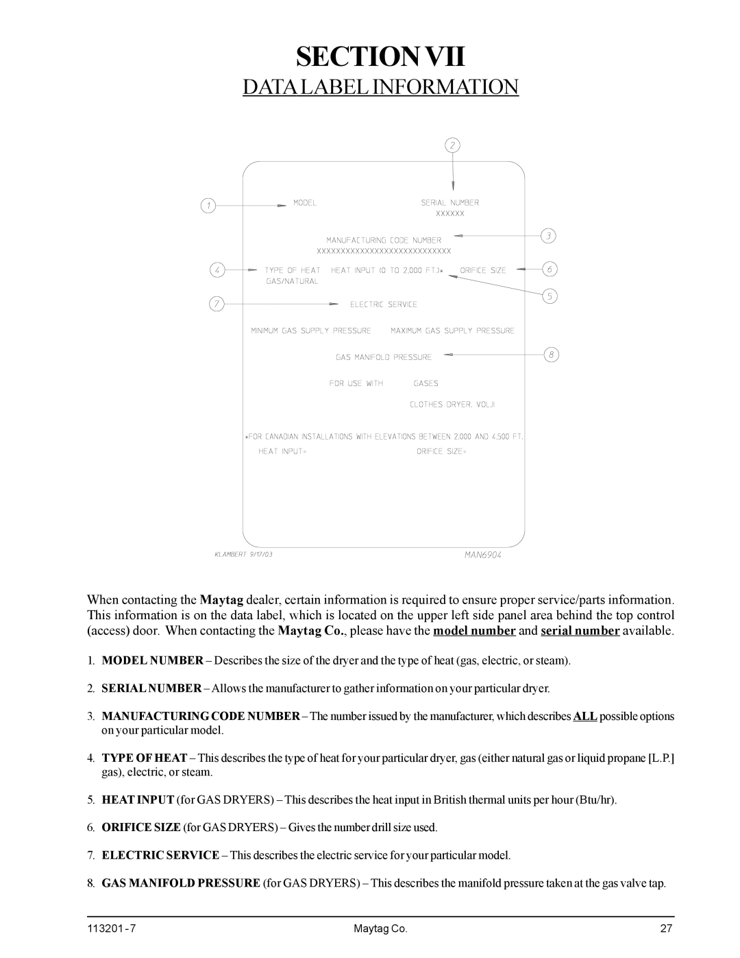 American Dryer Corp MDG30PCC installation manual Data Label Information 