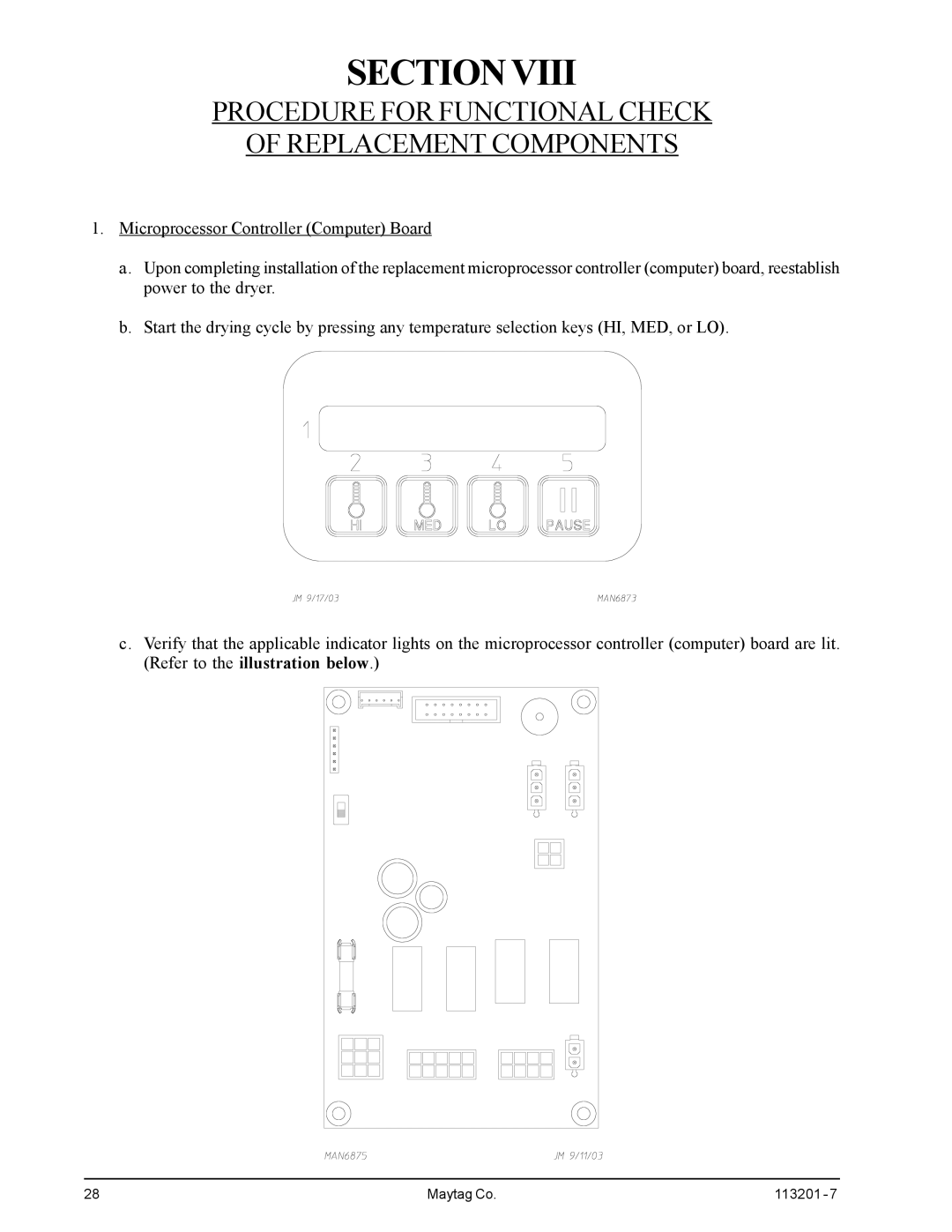 American Dryer Corp MDG30PCC installation manual Sectionviii, Procedure for Functional Check Replacement Components 