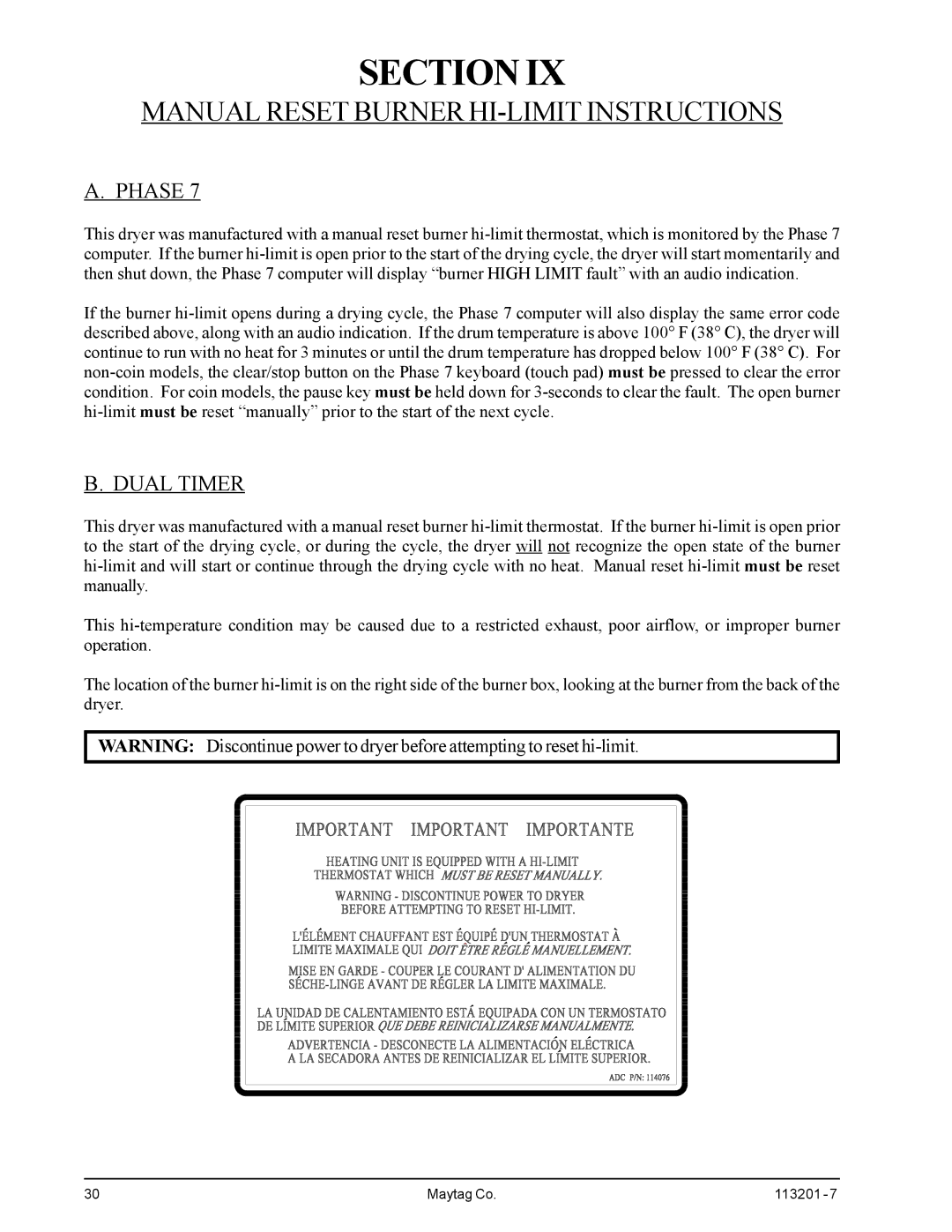 American Dryer Corp MDG30PCC installation manual Manual Reset Burner HI-LIMIT Instructions, Phase, Dual Timer 