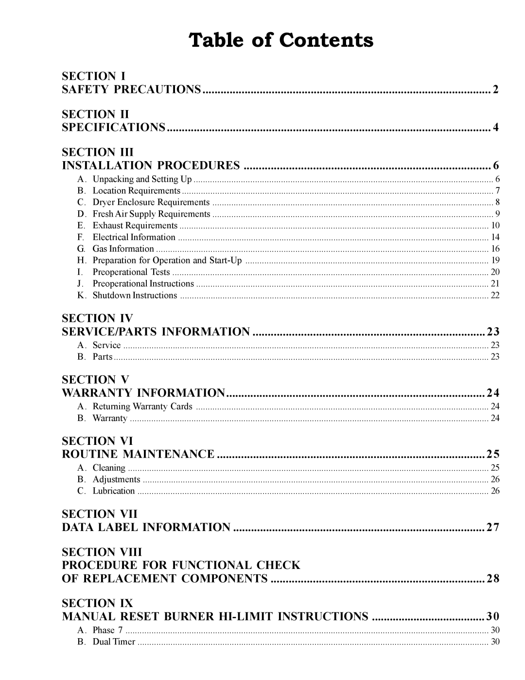 American Dryer Corp MDG30PCC installation manual Table of Contents 