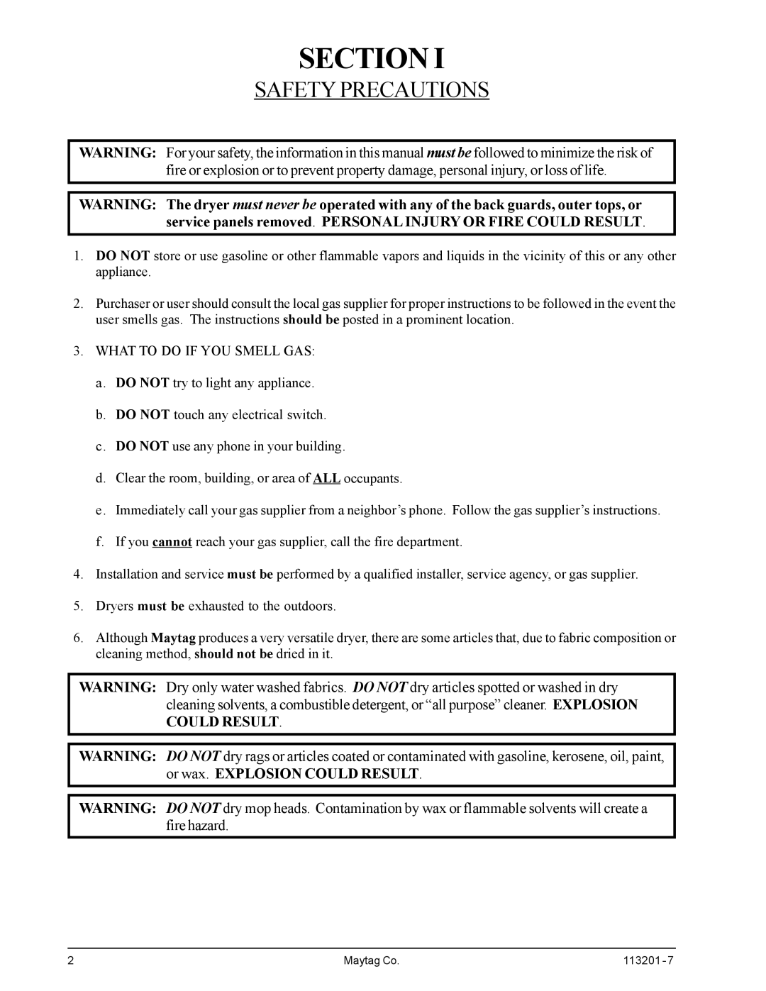 American Dryer Corp MDG30PCC installation manual Section, Safety Precautions 