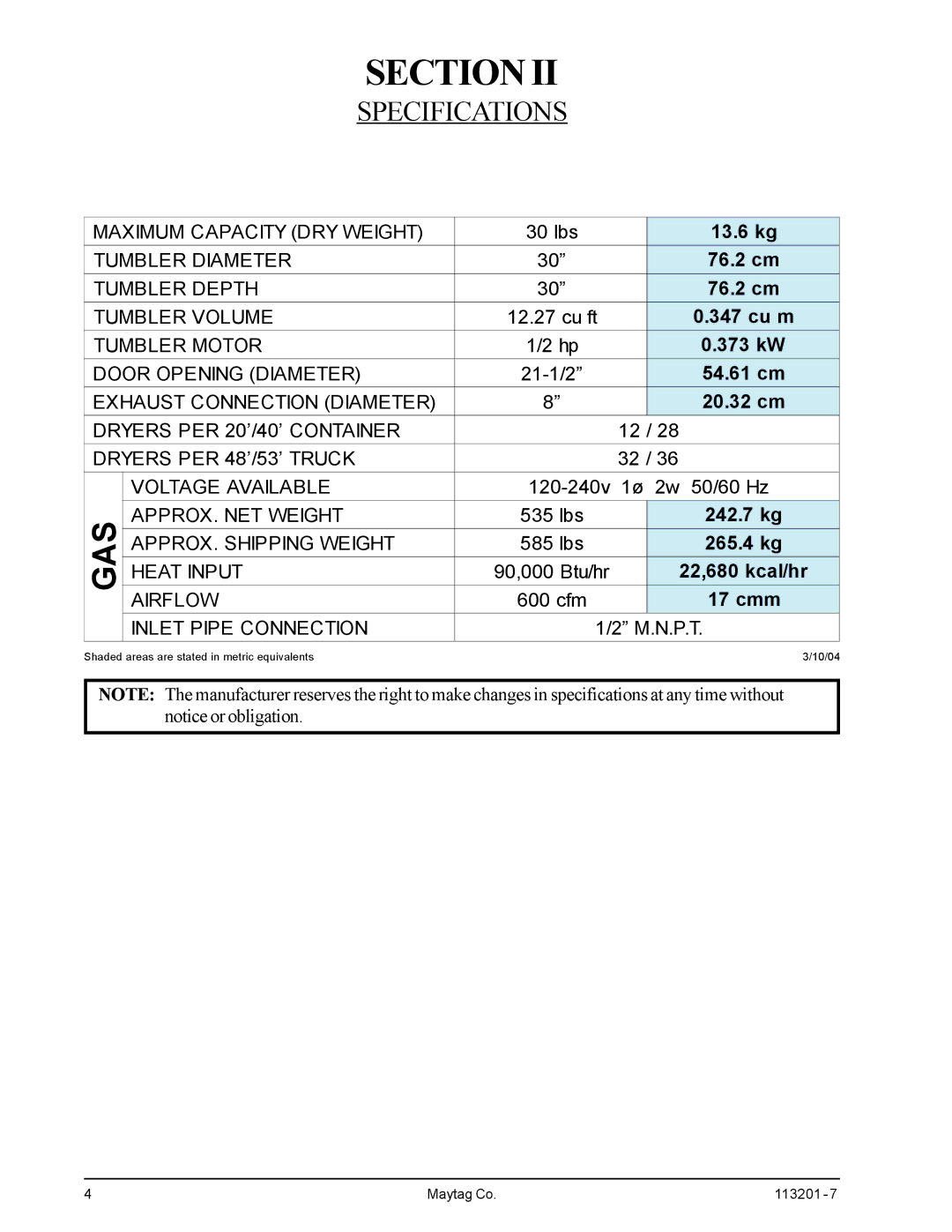 American Dryer Corp MDG30PCC installation manual Specifications, 20.32 cm 