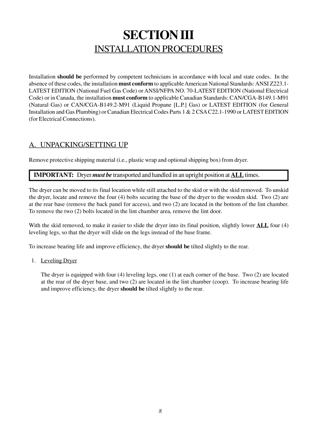 American Dryer Corp MDG30V installation manual Installation Procedures, Unpacking/Setting Up 