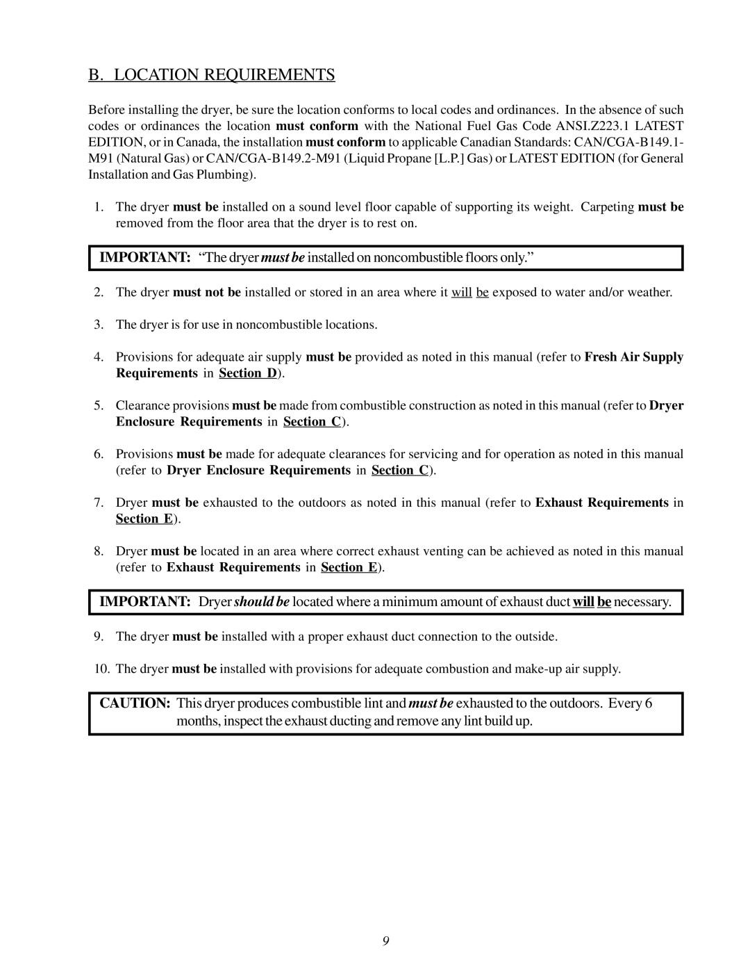 American Dryer Corp MDG30V installation manual Location Requirements 