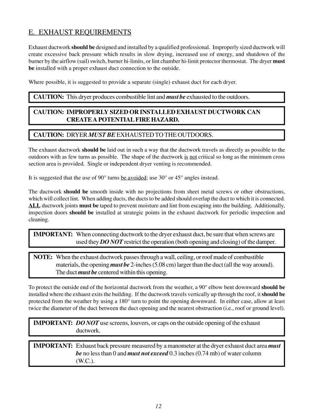 American Dryer Corp MDG30V installation manual Exhaust Requirements 