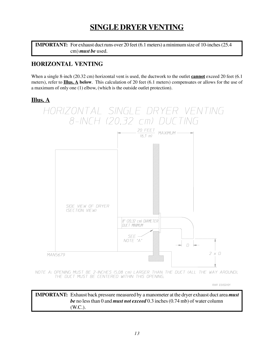 American Dryer Corp MDG30V installation manual Single Dryer Venting 