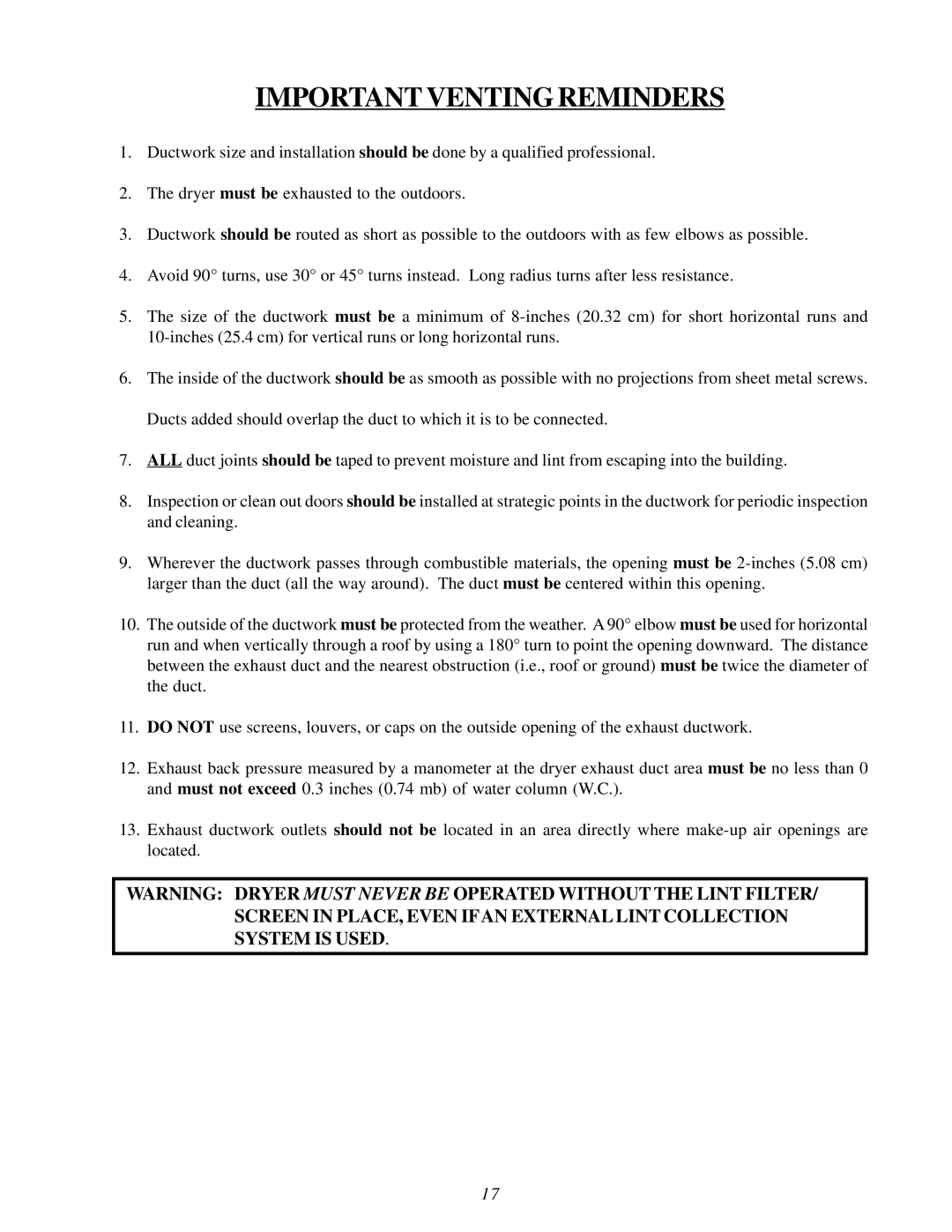 American Dryer Corp MDG30V installation manual Important Venting Reminders 