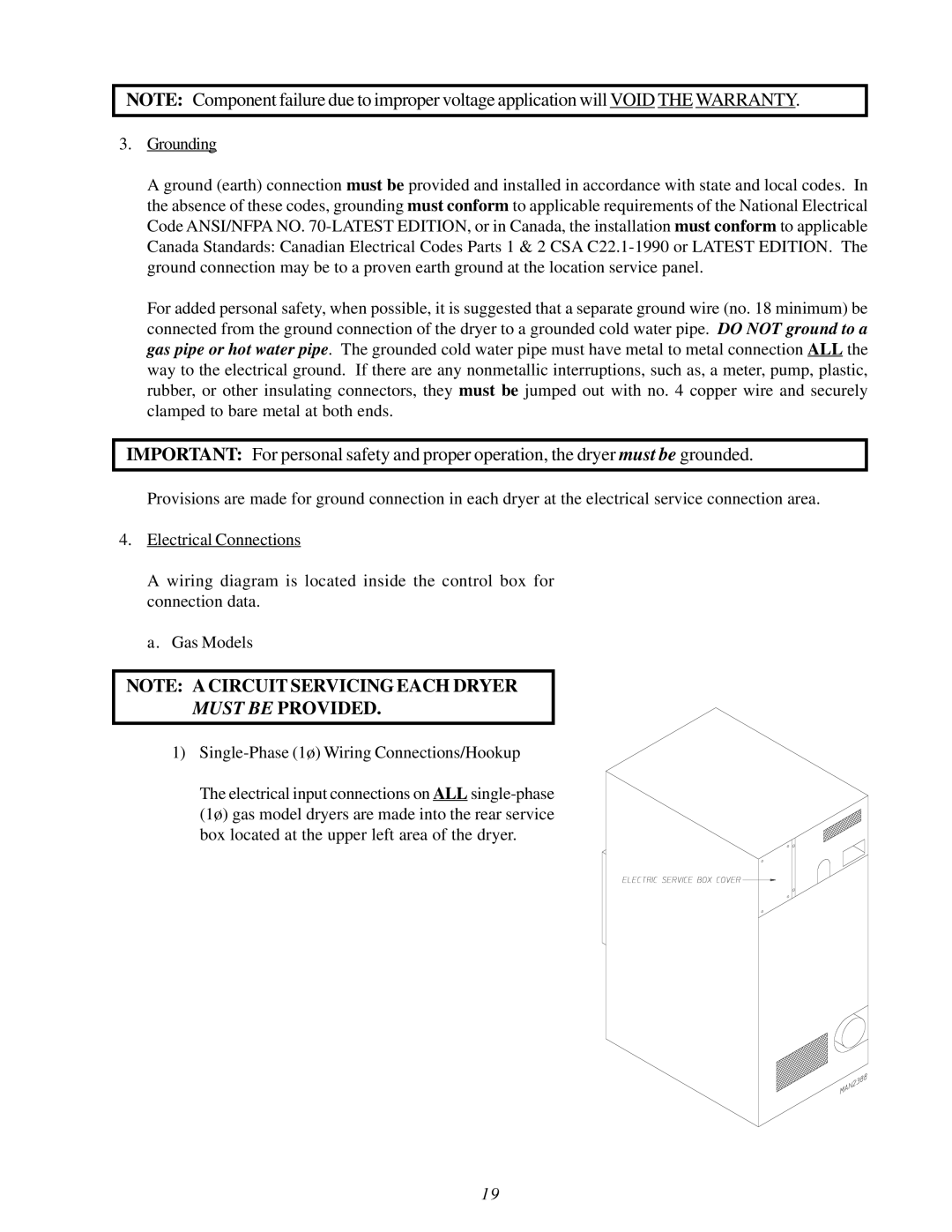 American Dryer Corp MDG30V installation manual Must be Provided, Single-Phase 1ø Wiring Connections/Hookup 