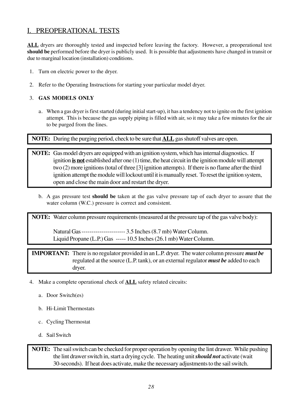 American Dryer Corp MDG30V installation manual Preoperational Tests, GAS Models only 