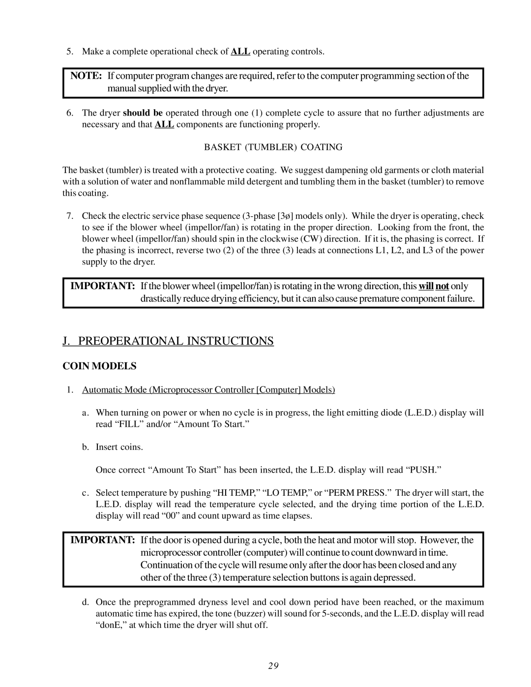 American Dryer Corp MDG30V installation manual Preoperational Instructions, Coin Models 