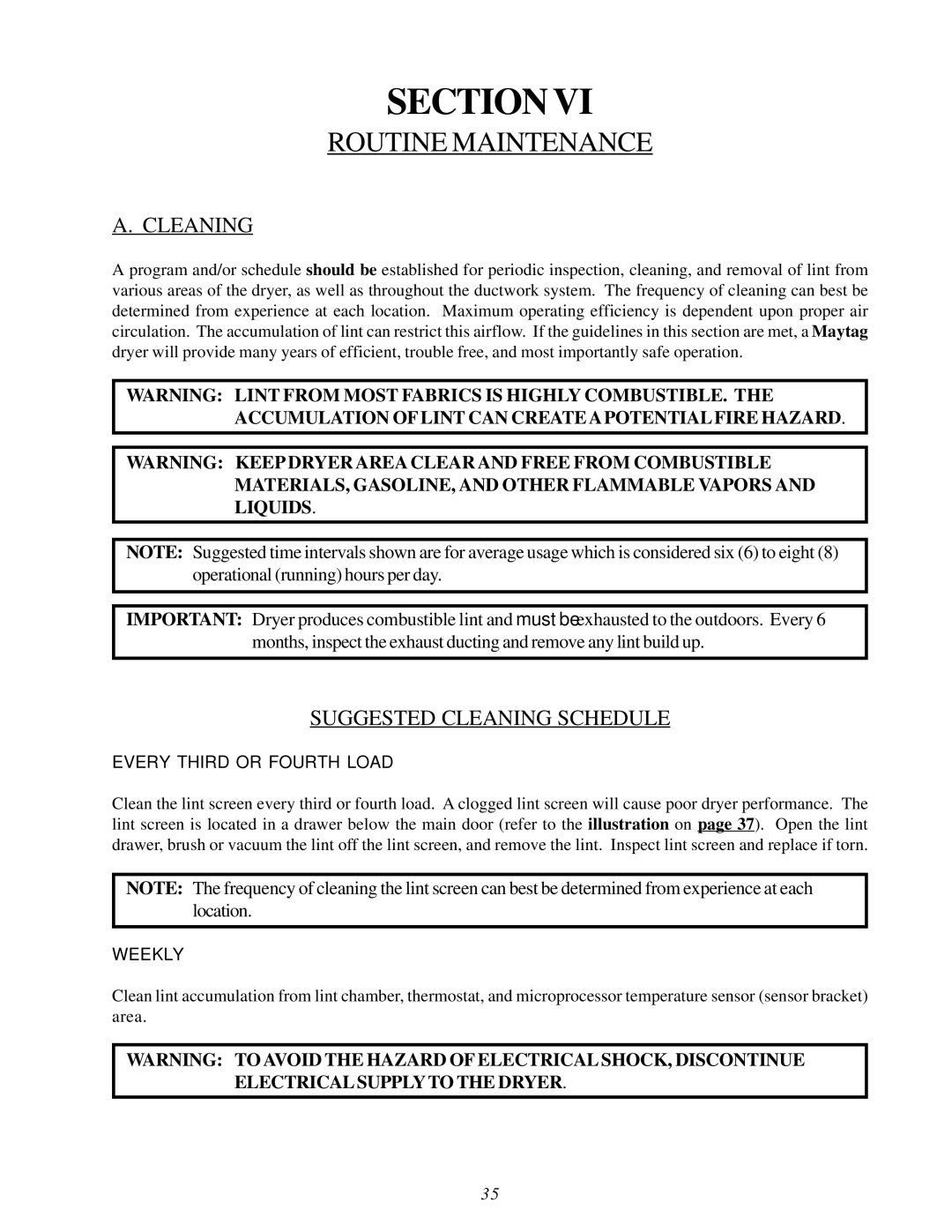 American Dryer Corp MDG30V installation manual Routine Maintenance, Suggested Cleaning Schedule 