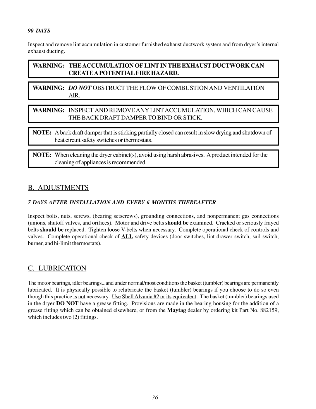 American Dryer Corp MDG30V installation manual Adjustments, Lubrication 