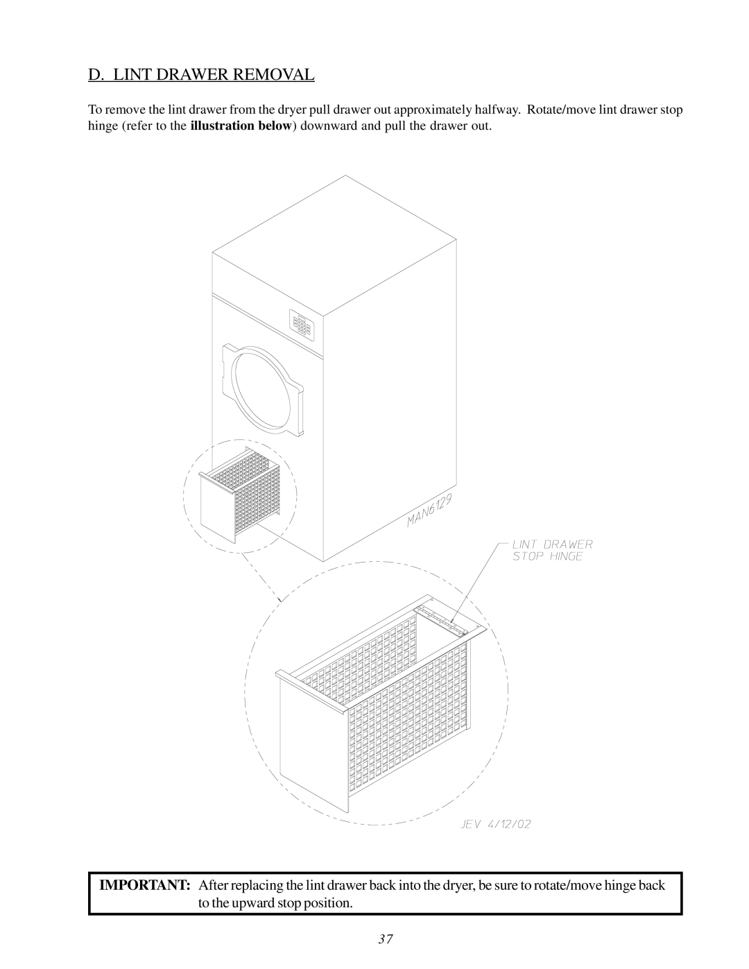 American Dryer Corp MDG30V installation manual Lint Drawer Removal 