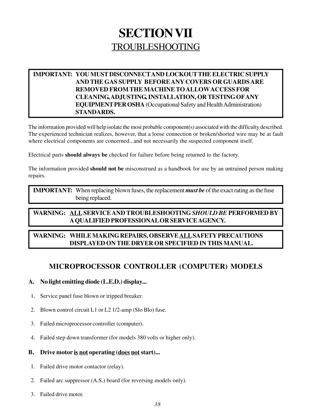 American Dryer Corp MDG30V installation manual Troubleshooting, Standards 