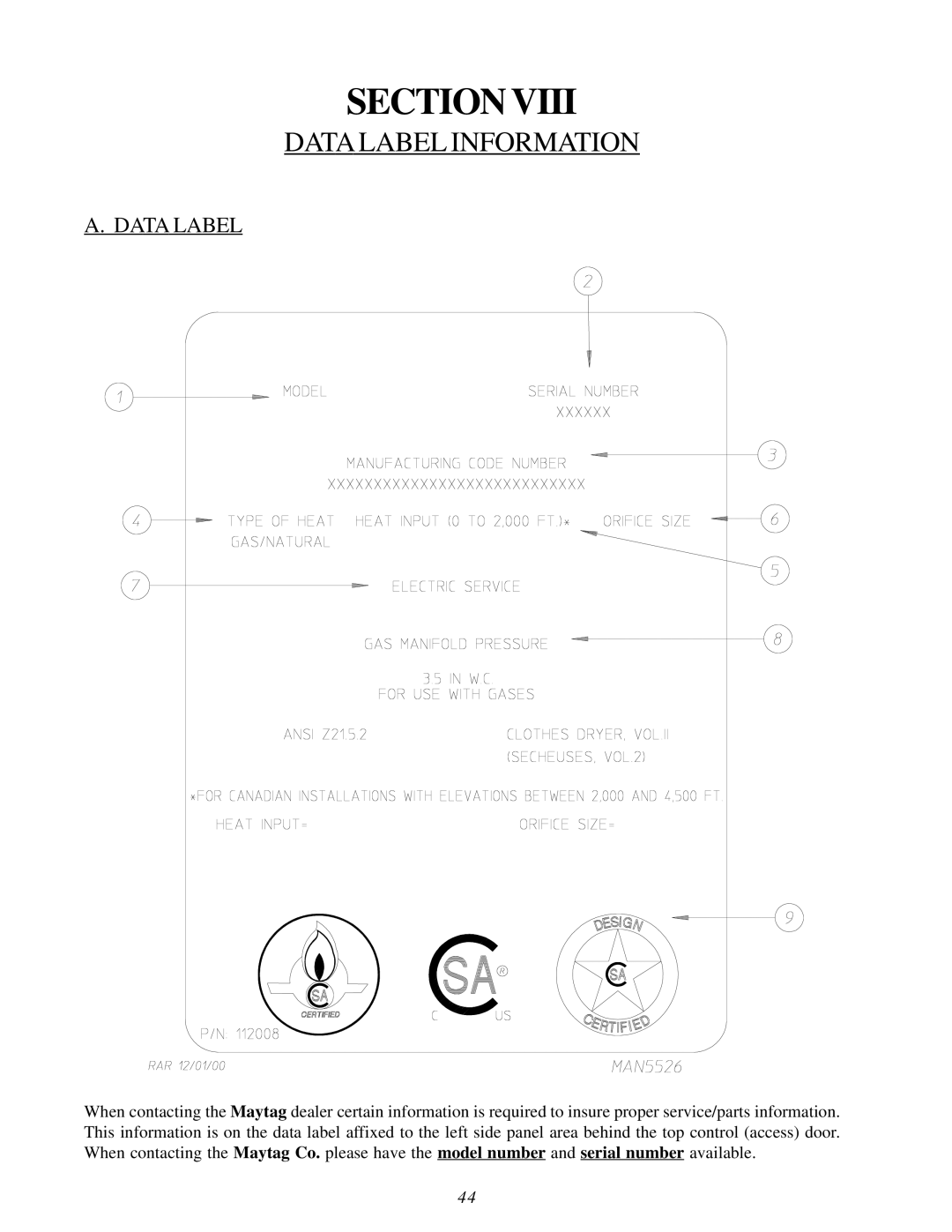 American Dryer Corp MDG30V installation manual Data Label Information 