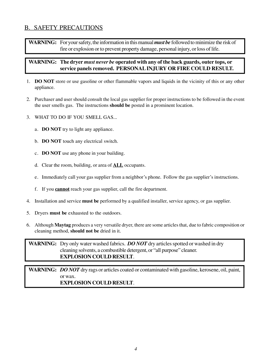 American Dryer Corp MDG30V installation manual Safety Precautions, Explosion could Result 