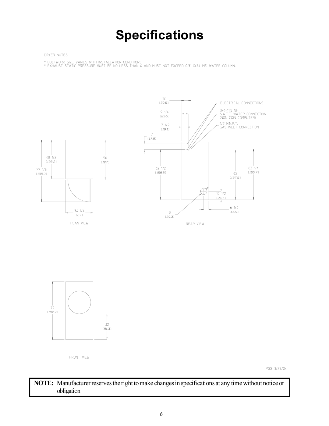 American Dryer Corp MDG50PNH, MDG50MNV installation manual Specifications 