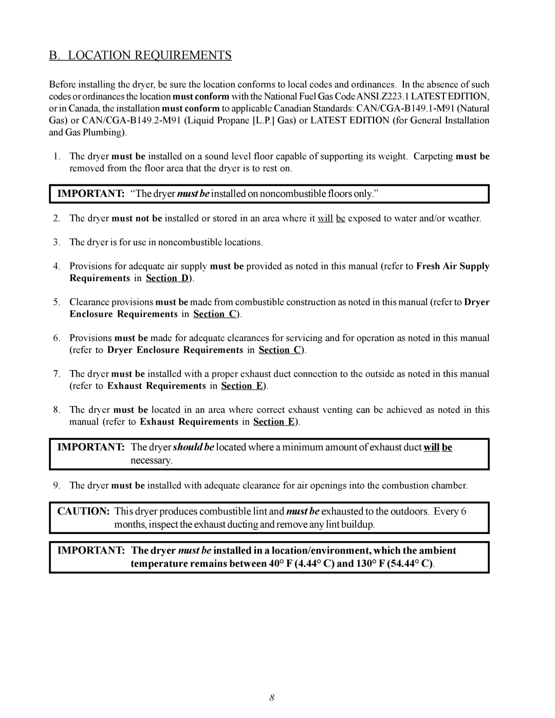 American Dryer Corp MDG50PNH, MDG50MNV installation manual Location Requirements 