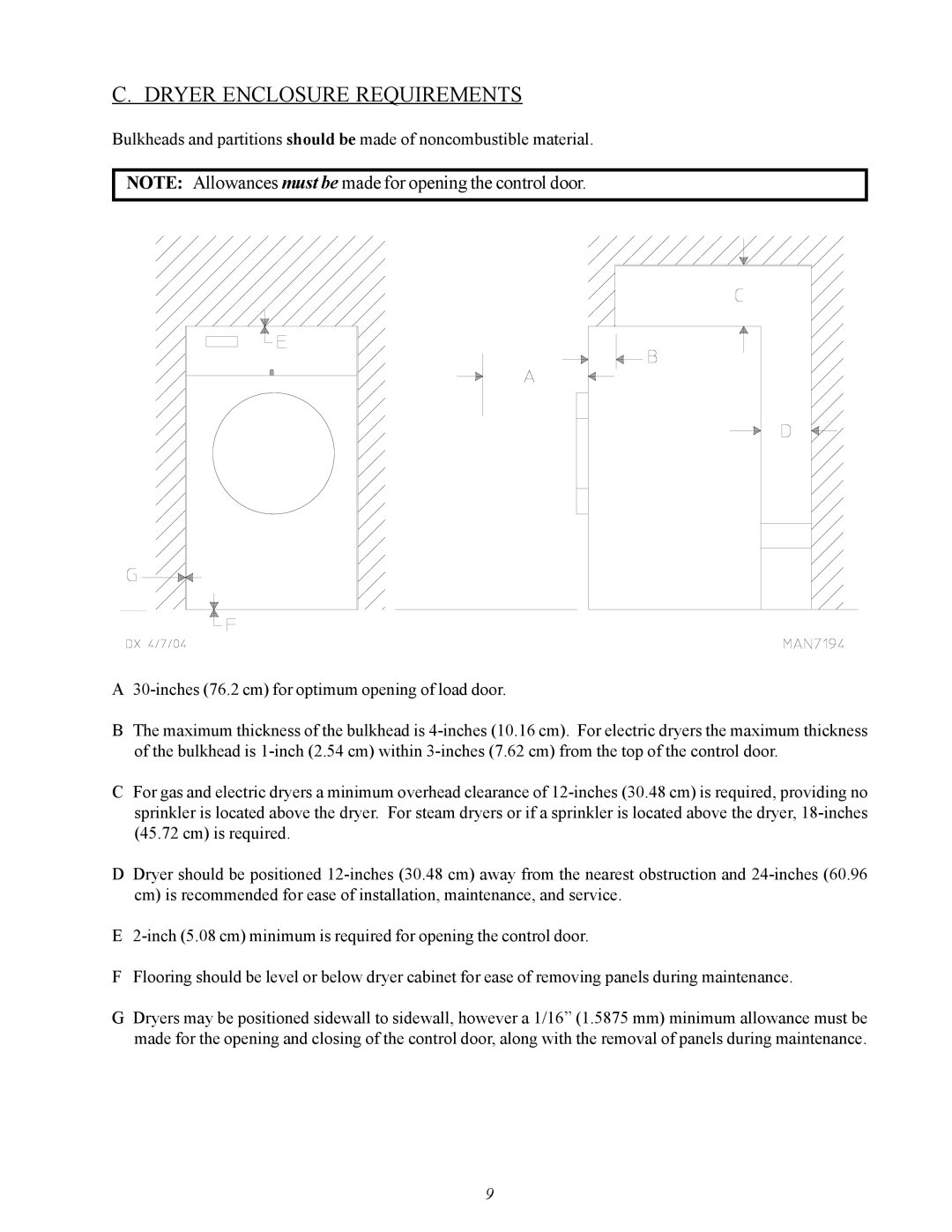 American Dryer Corp MDG50MNV, MDG50PNH installation manual Dryer Enclosure Requirements 